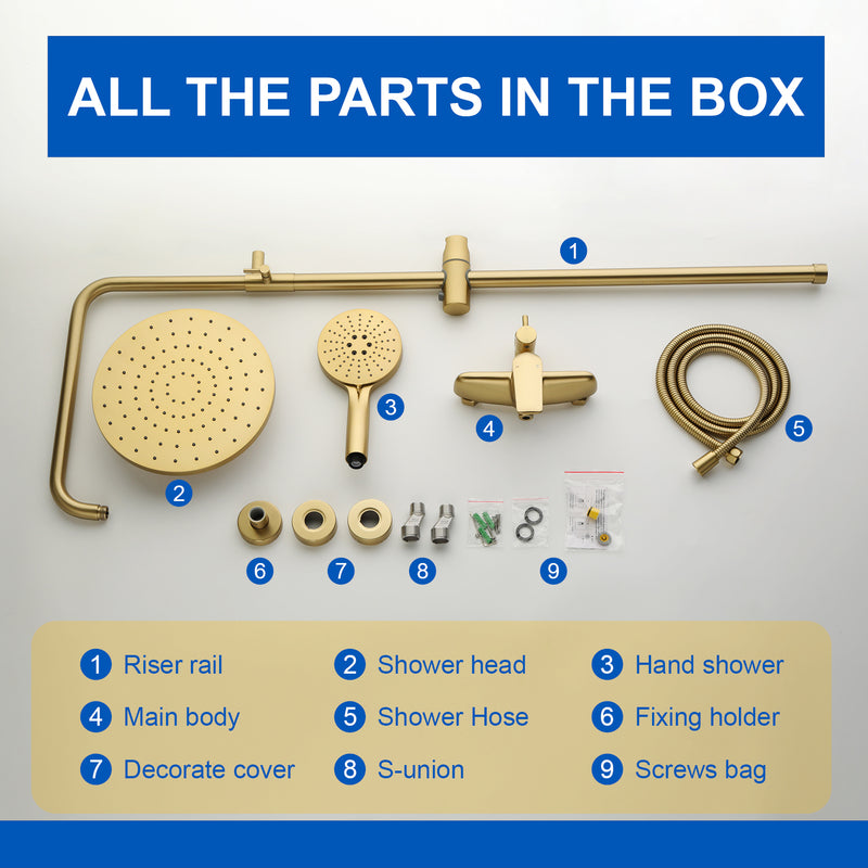 Wall Mounted 2-Function Exposed Shower Faucet with Slide Bar, 10Inch ABS Round Shower Head, 3-Setting Handheld Shower