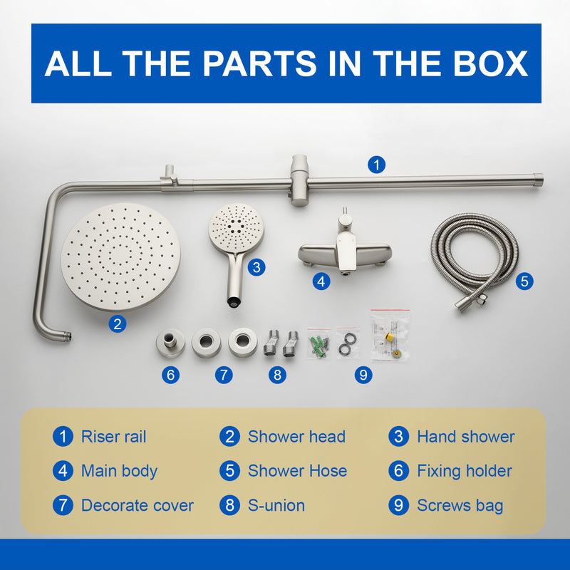 Wall Mounted 2-Function Exposed Shower Faucet with Slide Bar, 10Inch ABS Round Shower Head, 3-Setting Handheld Shower