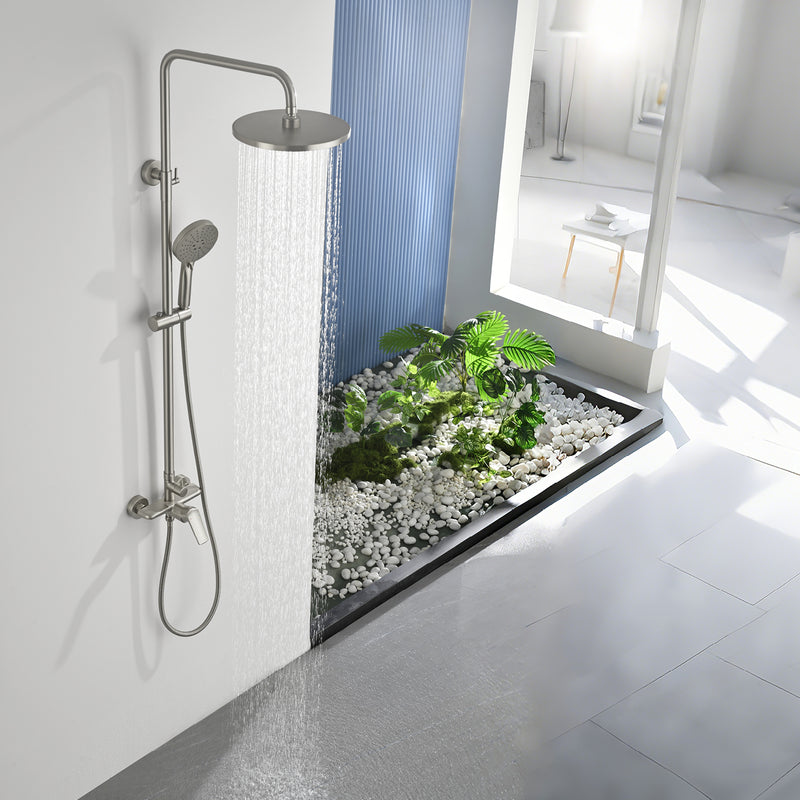 Wall Mounted 2-Function Exposed Shower Faucet with Slide Bar, 10Inch ABS Round Shower Head, 3-Setting Handheld Shower