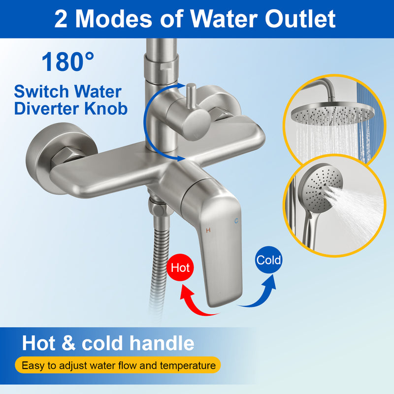 Wall Mounted 2-Function Exposed Shower Faucet with Slide Bar, 10Inch ABS Round Shower Head, 3-Setting Handheld Shower