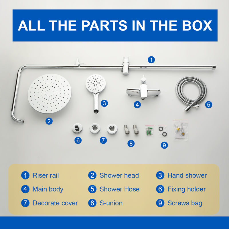 Wall Mounted 2-Function Exposed Shower Faucet with Slide Bar, 10Inch ABS Round Shower Head, 3-Setting Handheld Shower