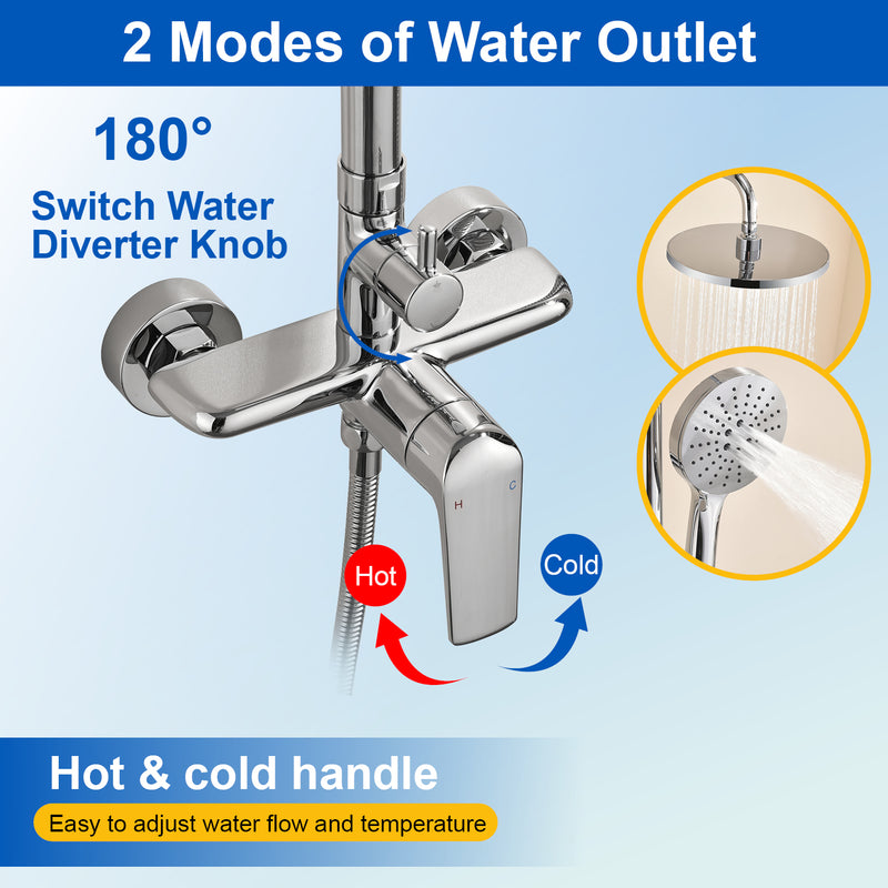 Wall Mounted 2-Function Exposed Shower Faucet with Slide Bar, 10Inch ABS Round Shower Head, 3-Setting Handheld Shower