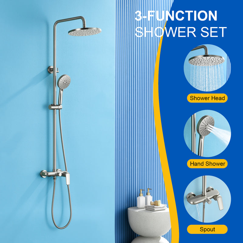 3-in-1 Shower System with 10 Inch Rain Shower Head, 3-Function Handheld Shower & Tub Spout, Adjustable Slide Bar
