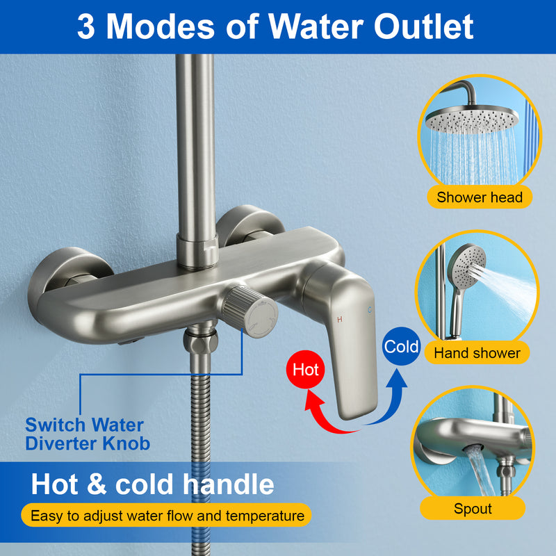 3-in-1 Shower System with 10 Inch Rain Shower Head, 3-Function Handheld Shower & Tub Spout, Adjustable Slide Bar