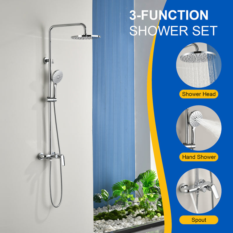 3-in-1 Shower System with 10 Inch Rain Shower Head, 3-Function Handheld Shower & Tub Spout, Adjustable Slide Bar