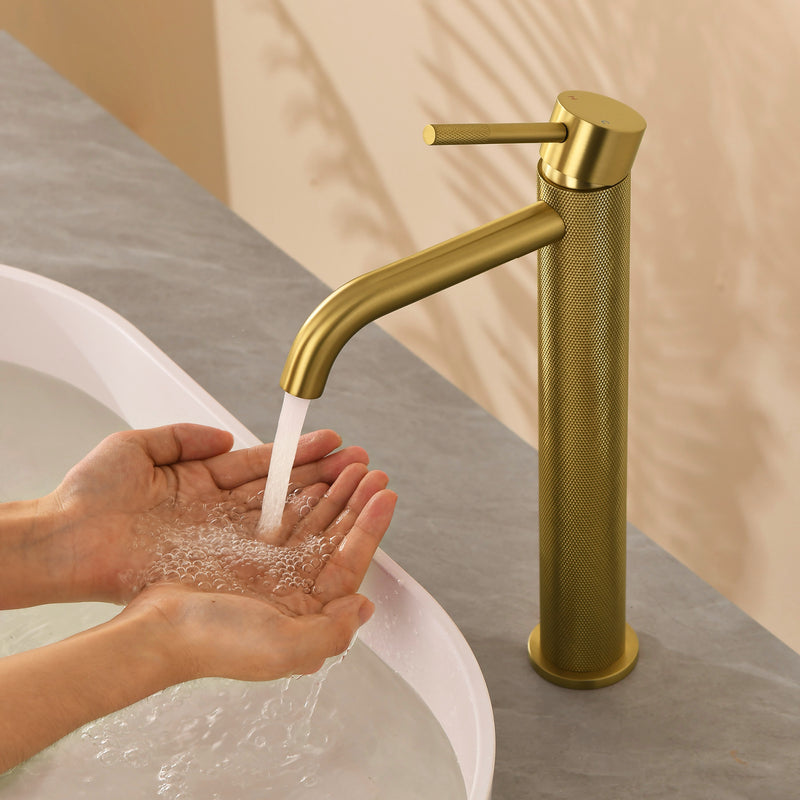 Single Hole Vessel Bathroom Faucet1.2GPM Round Hot Cold Tall Basin Mixer with SUS 304 Drain Assembly -Matt Black, Chrome, Brushed Nicke, Brushed Gold