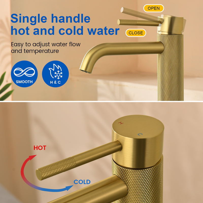 Single Hole Vessel Bathroom Faucet1.2GPM Round Hot Cold Tall Basin Mixer with SUS 304 Drain Assembly -Matt Black, Chrome, Brushed Nicke, Brushed Gold
