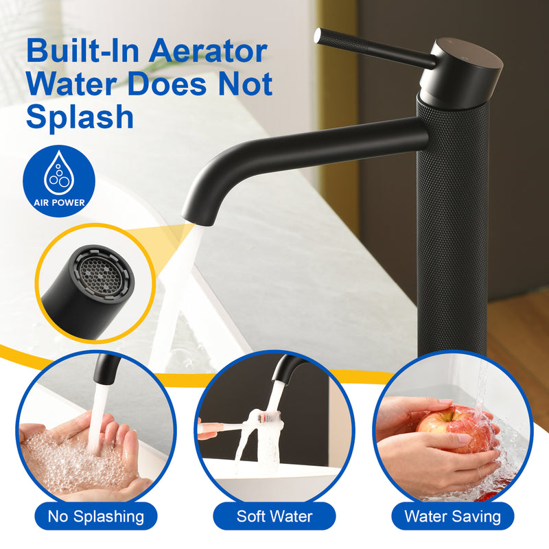 Single Hole Vessel Bathroom Faucet1.2GPM Round Hot Cold Tall Basin Mixer with SUS 304 Drain Assembly -Matt Black, Chrome, Brushed Nicke, Brushed Gold