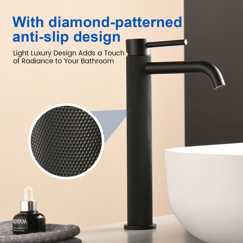 Single Hole Vessel Bathroom Faucet1.2GPM Round Hot Cold Tall Basin Mixer with SUS 304 Drain Assembly -Matt Black, Chrome, Brushed Nicke, Brushed Gold