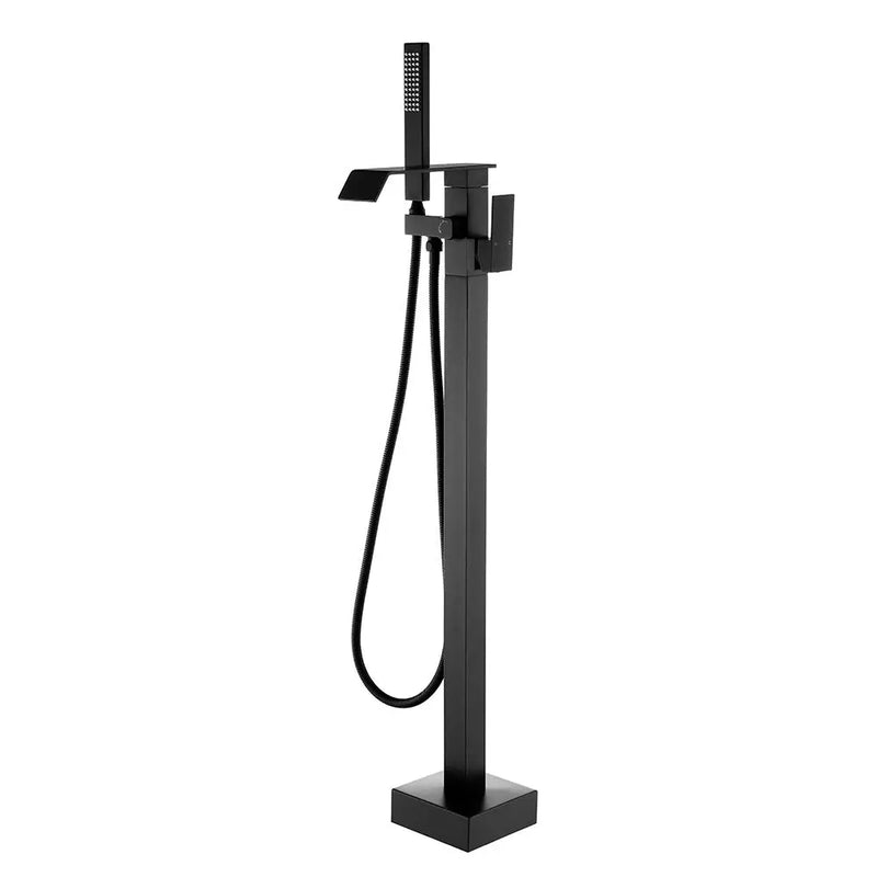 Floor Mount Waterfall Tub Filler Single Hole Hot Cold Water Mixer Free Standing Tub Faucet with Hand Shower and Valve single-hole-hot-cold-water-mixer-floor-mount-waterfall-tub-filler-with-hand-shower-and-valve Matte Black / Brass & SUS304 / 31.9*12*3.7 inches