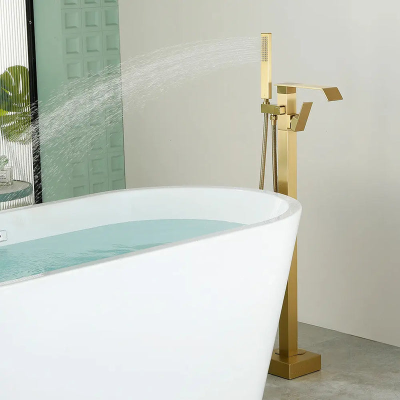 Floor Mount Waterfall Tub Filler Single Hole Hot Cold Water Mixer Free Standing Tub Faucet with Hand Shower and Valve single-hole-hot-cold-water-mixer-floor-mount-waterfall-tub-filler-with-hand-shower-and-valve 