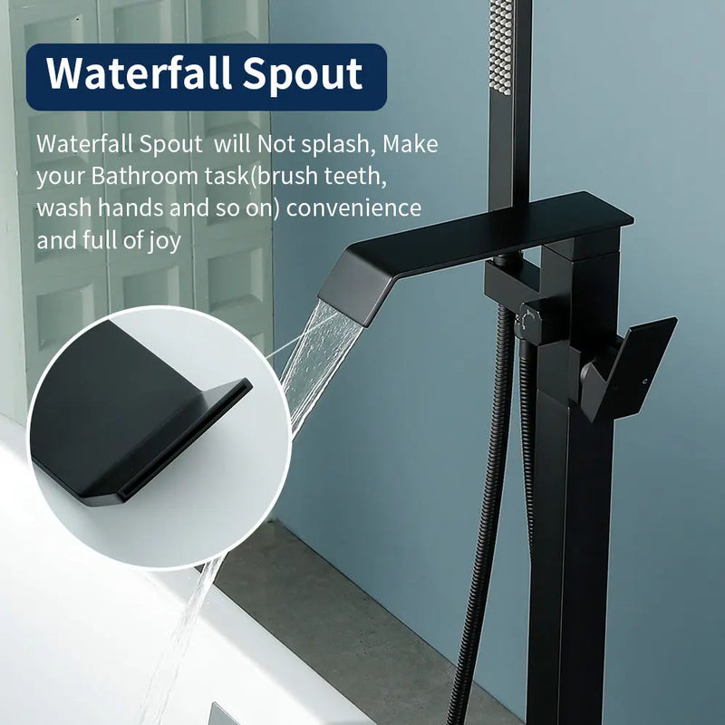 Floor Mount Waterfall Tub Filler Single Hole Hot Cold Water Mixer Free Standing Tub Faucet with Hand Shower and Valve single-hole-hot-cold-water-mixer-floor-mount-waterfall-tub-filler-with-hand-shower-and-valve 