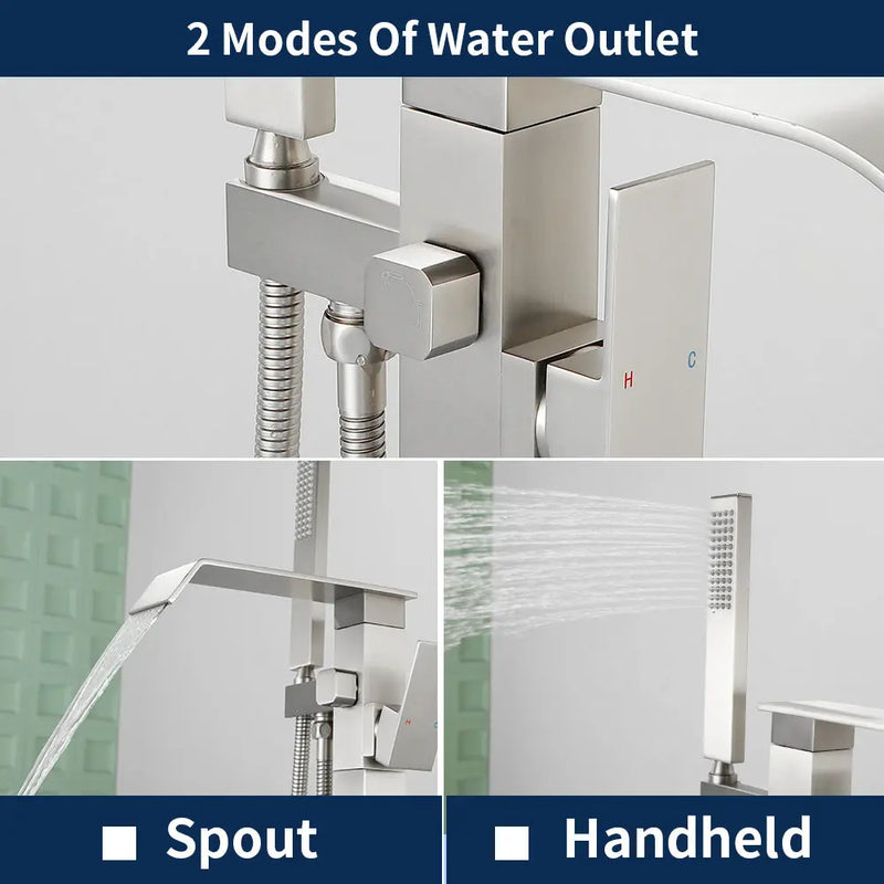 Floor Mount Waterfall Tub Filler Single Hole Hot Cold Water Mixer Free Standing Tub Faucet with Hand Shower and Valve single-hole-hot-cold-water-mixer-floor-mount-waterfall-tub-filler-with-hand-shower-and-valve 