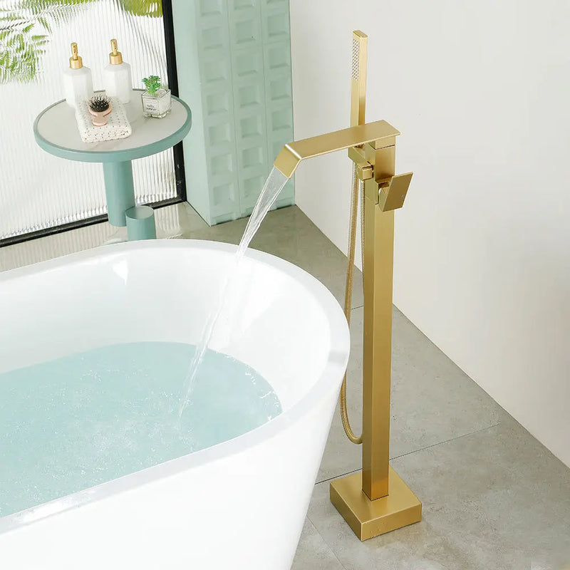 Floor Mount Waterfall Tub Filler Single Hole Hot Cold Water Mixer Free Standing Tub Faucet with Hand Shower and Valve single-hole-hot-cold-water-mixer-floor-mount-waterfall-tub-filler-with-hand-shower-and-valve 