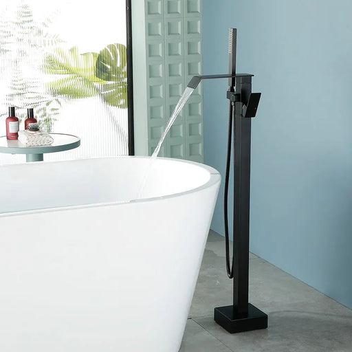 Floor Mount Waterfall Tub Filler Single Hole Hot Cold Water Mixer Free Standing Tub Faucet with Hand Shower and Valve single-hole-hot-cold-water-mixer-floor-mount-waterfall-tub-filler-with-hand-shower-and-valve 