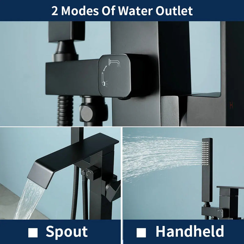 Floor Mount Waterfall Tub Filler Single Hole Hot Cold Water Mixer Free Standing Tub Faucet with Hand Shower and Valve single-hole-hot-cold-water-mixer-floor-mount-waterfall-tub-filler-with-hand-shower-and-valve 