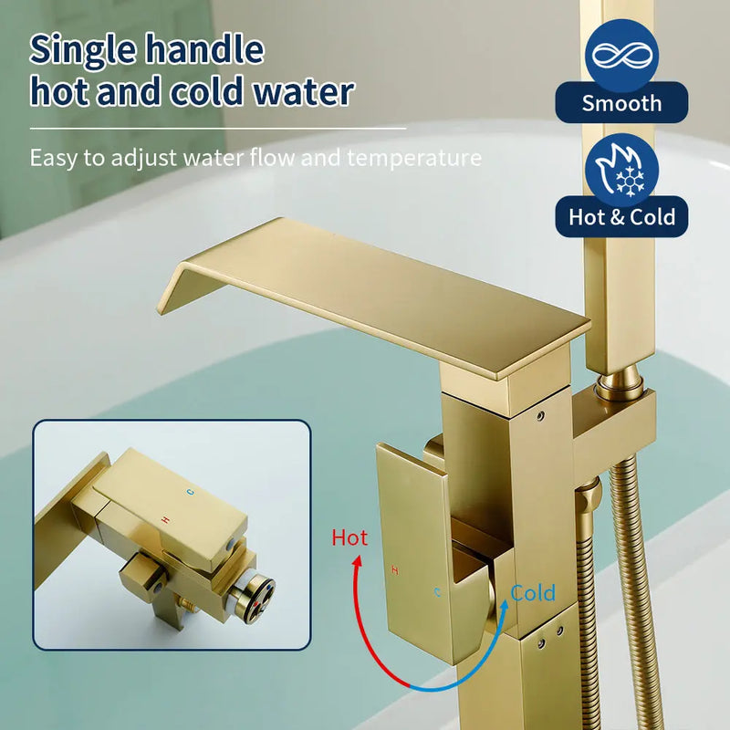 Floor Mount Waterfall Tub Filler Single Hole Hot Cold Water Mixer Free Standing Tub Faucet with Hand Shower and Valve single-hole-hot-cold-water-mixer-floor-mount-waterfall-tub-filler-with-hand-shower-and-valve 