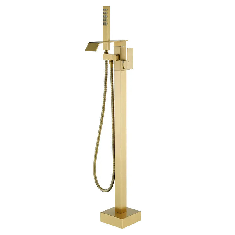 Floor Mount Waterfall Tub Filler Single Hole Hot Cold Water Mixer Free Standing Tub Faucet with Hand Shower and Valve single-hole-hot-cold-water-mixer-floor-mount-waterfall-tub-filler-with-hand-shower-and-valve Brushed Gold / Brass & SUS304 / 31.9*12*3.7 inches
