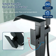 Floor Mount Waterfall Tub Filler Single Hole Hot Cold Water Mixer Free Standing Tub Faucet with Hand Shower and Valve single-hole-hot-cold-water-mixer-floor-mount-waterfall-tub-filler-with-hand-shower-and-valve 