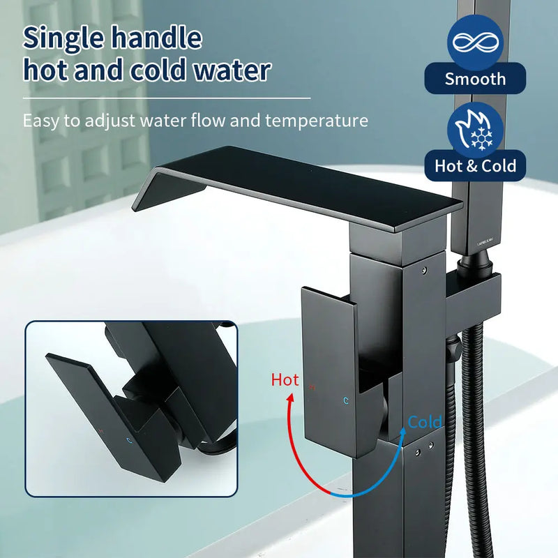 Floor Mount Waterfall Tub Filler Single Hole Hot Cold Water Mixer Free Standing Tub Faucet with Hand Shower and Valve single-hole-hot-cold-water-mixer-floor-mount-waterfall-tub-filler-with-hand-shower-and-valve 