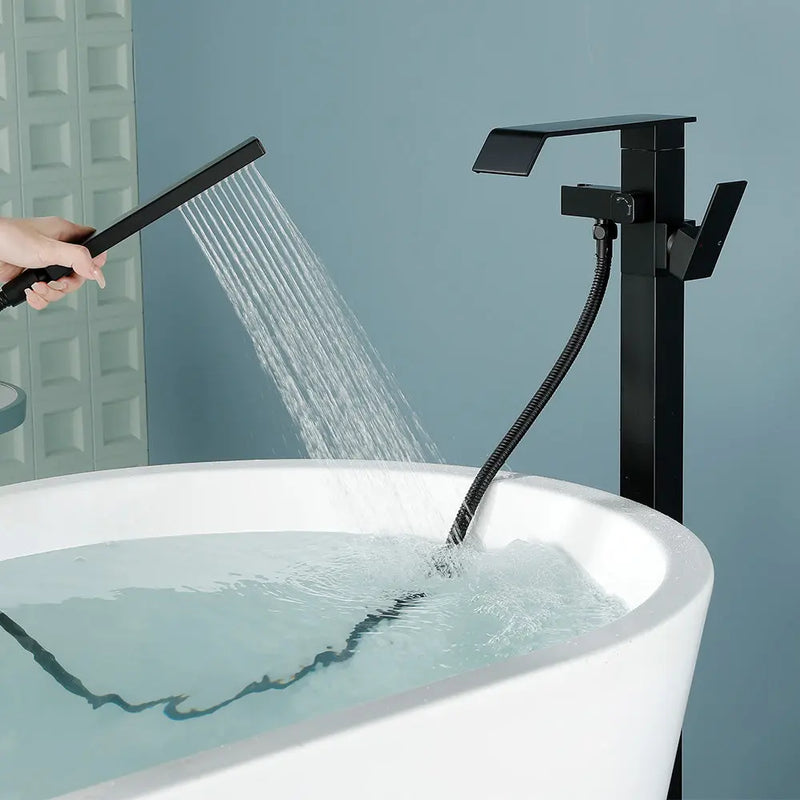 Floor Mount Waterfall Tub Filler Single Hole Hot Cold Water Mixer Free Standing Tub Faucet with Hand Shower and Valve single-hole-hot-cold-water-mixer-floor-mount-waterfall-tub-filler-with-hand-shower-and-valve 
