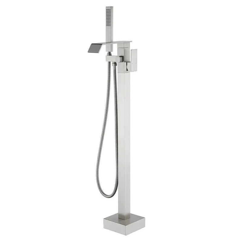Floor Mount Waterfall Tub Filler Single Hole Hot Cold Water Mixer Free Standing Tub Faucet with Hand Shower and Valve single-hole-hot-cold-water-mixer-floor-mount-waterfall-tub-filler-with-hand-shower-and-valve Brushed Nickel / Brass & SUS304 / 31.9*12*3.7 inches