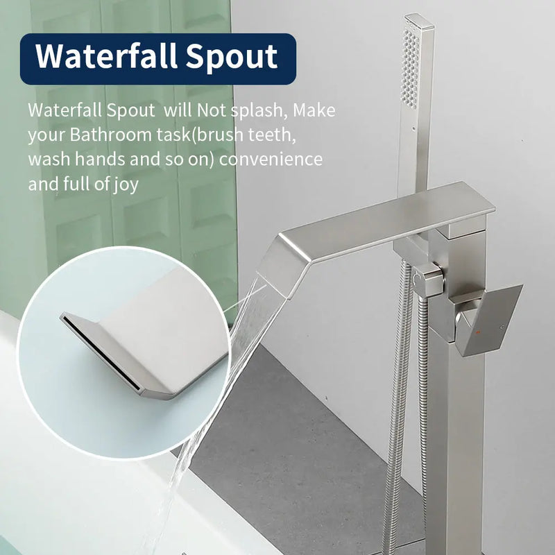Floor Mount Waterfall Tub Filler Single Hole Hot Cold Water Mixer Free Standing Tub Faucet with Hand Shower and Valve single-hole-hot-cold-water-mixer-floor-mount-waterfall-tub-filler-with-hand-shower-and-valve 