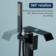 Floor Mount Waterfall Tub Filler Single Hole Hot Cold Water Mixer Free Standing Tub Faucet with Hand Shower and Valve single-hole-hot-cold-water-mixer-floor-mount-waterfall-tub-filler-with-hand-shower-and-valve 
