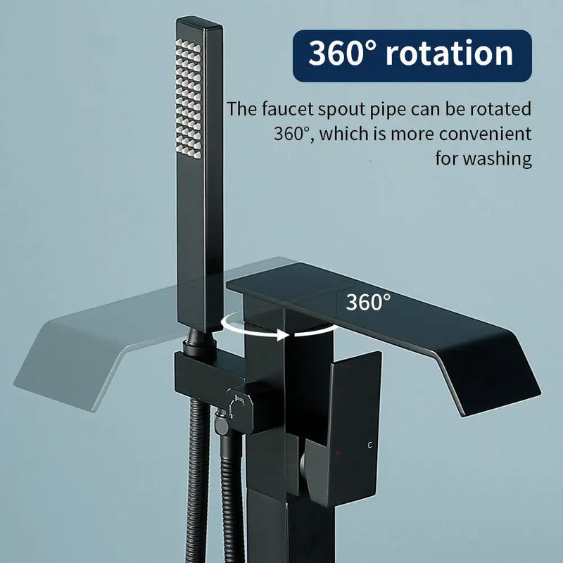 Floor Mount Waterfall Tub Filler Single Hole Hot Cold Water Mixer Free Standing Tub Faucet with Hand Shower and Valve single-hole-hot-cold-water-mixer-floor-mount-waterfall-tub-filler-with-hand-shower-and-valve 
