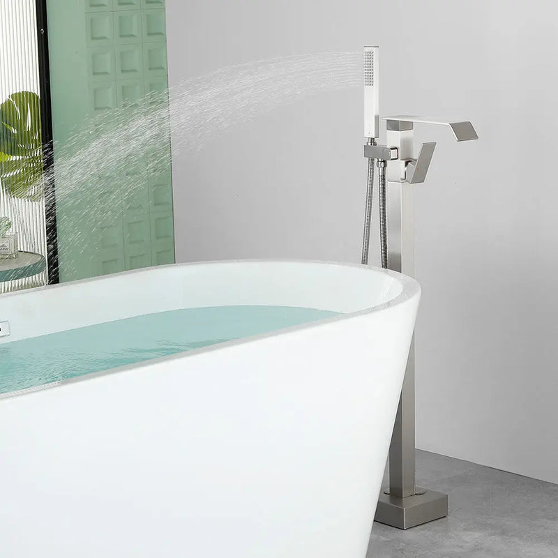 Floor Mount Waterfall Tub Filler Single Hole Hot Cold Water Mixer Free Standing Tub Faucet with Hand Shower and Valve single-hole-hot-cold-water-mixer-floor-mount-waterfall-tub-filler-with-hand-shower-and-valve 