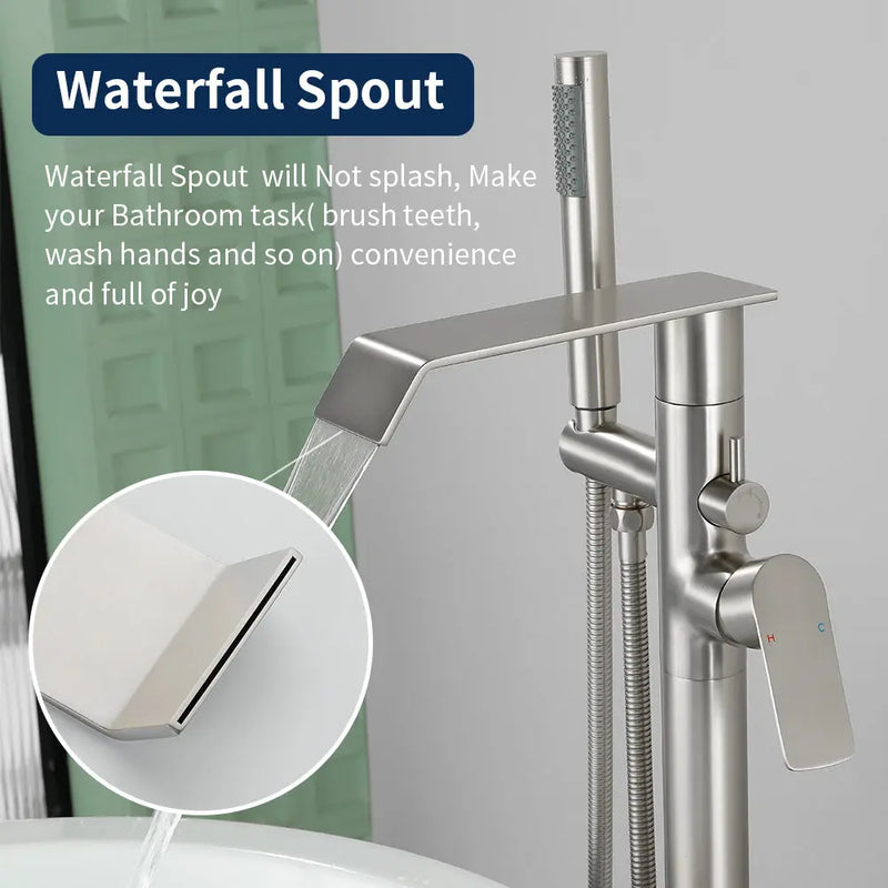 Freestanding Bath Tub Filler Trim Dual Functions 1 Handle 360° Swivel Waterfall Floor Mount Bathtub Faucet with Handheld Sprayer dual-functions-1-handle-freestanding-waterfall-bath-tub-filler-trim-with-sprayer 