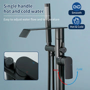 Freestanding Bath Tub Filler Trim Dual Functions 1 Handle 360° Swivel Waterfall Floor Mount Bathtub Faucet with Handheld Sprayer dual-functions-1-handle-freestanding-waterfall-bath-tub-filler-trim-with-sprayer 