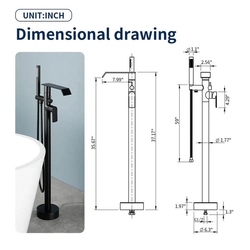Freestanding Bath Tub Filler Trim Dual Functions 1 Handle 360° Swivel Waterfall Floor Mount Bathtub Faucet with Handheld Sprayer dual-functions-1-handle-freestanding-waterfall-bath-tub-filler-trim-with-sprayer 