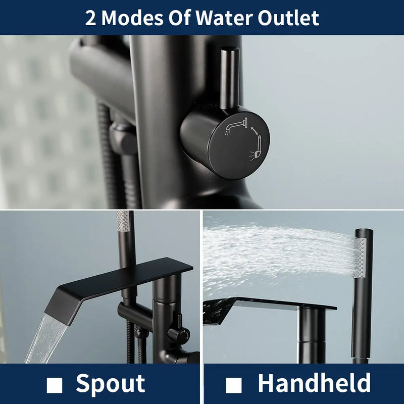 Freestanding Bath Tub Filler Trim Dual Functions 1 Handle 360° Swivel Waterfall Floor Mount Bathtub Faucet with Handheld Sprayer dual-functions-1-handle-freestanding-waterfall-bath-tub-filler-trim-with-sprayer 
