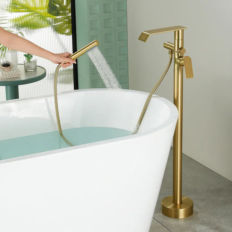 Freestanding Bath Tub Filler Trim Dual Functions 1 Handle 360° Swivel Waterfall Floor Mount Bathtub Faucet with Handheld Sprayer dual-functions-1-handle-freestanding-waterfall-bath-tub-filler-trim-with-sprayer 