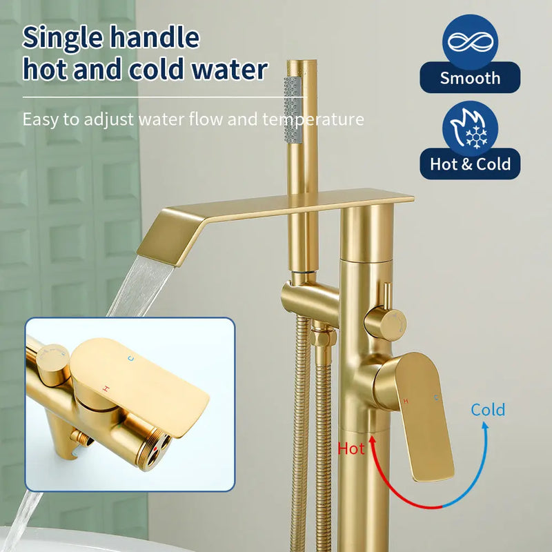 Freestanding Bath Tub Filler Trim Dual Functions 1 Handle 360° Swivel Waterfall Floor Mount Bathtub Faucet with Handheld Sprayer dual-functions-1-handle-freestanding-waterfall-bath-tub-filler-trim-with-sprayer 