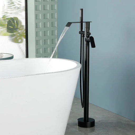 Freestanding Bath Tub Filler Trim Dual Functions 1 Handle 360° Swivel Waterfall Floor Mount Bathtub Faucet with Handheld Sprayer dual-functions-1-handle-freestanding-waterfall-bath-tub-filler-trim-with-sprayer 
