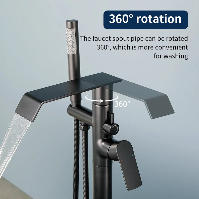 Freestanding Bath Tub Filler Trim Dual Functions 1 Handle 360° Swivel Waterfall Floor Mount Bathtub Faucet with Handheld Sprayer dual-functions-1-handle-freestanding-waterfall-bath-tub-filler-trim-with-sprayer 