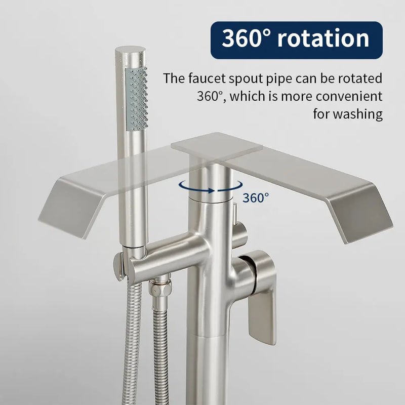 Freestanding Bath Tub Filler Trim Dual Functions 1 Handle 360° Swivel Waterfall Floor Mount Bathtub Faucet with Handheld Sprayer dual-functions-1-handle-freestanding-waterfall-bath-tub-filler-trim-with-sprayer 