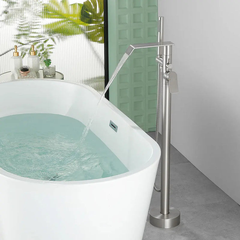 Freestanding Bath Tub Filler Trim Dual Functions 1 Handle 360° Swivel Waterfall Floor Mount Bathtub Faucet with Handheld Sprayer dual-functions-1-handle-freestanding-waterfall-bath-tub-filler-trim-with-sprayer 