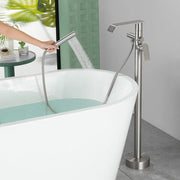 Freestanding Bath Tub Filler Trim Dual Functions 1 Handle 360° Swivel Waterfall Floor Mount Bathtub Faucet with Handheld Sprayer dual-functions-1-handle-freestanding-waterfall-bath-tub-filler-trim-with-sprayer 