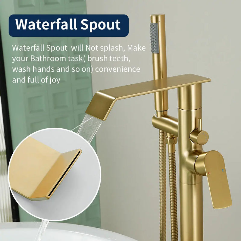 Freestanding Bath Tub Filler Trim Dual Functions 1 Handle 360° Swivel Waterfall Floor Mount Bathtub Faucet with Handheld Sprayer dual-functions-1-handle-freestanding-waterfall-bath-tub-filler-trim-with-sprayer 