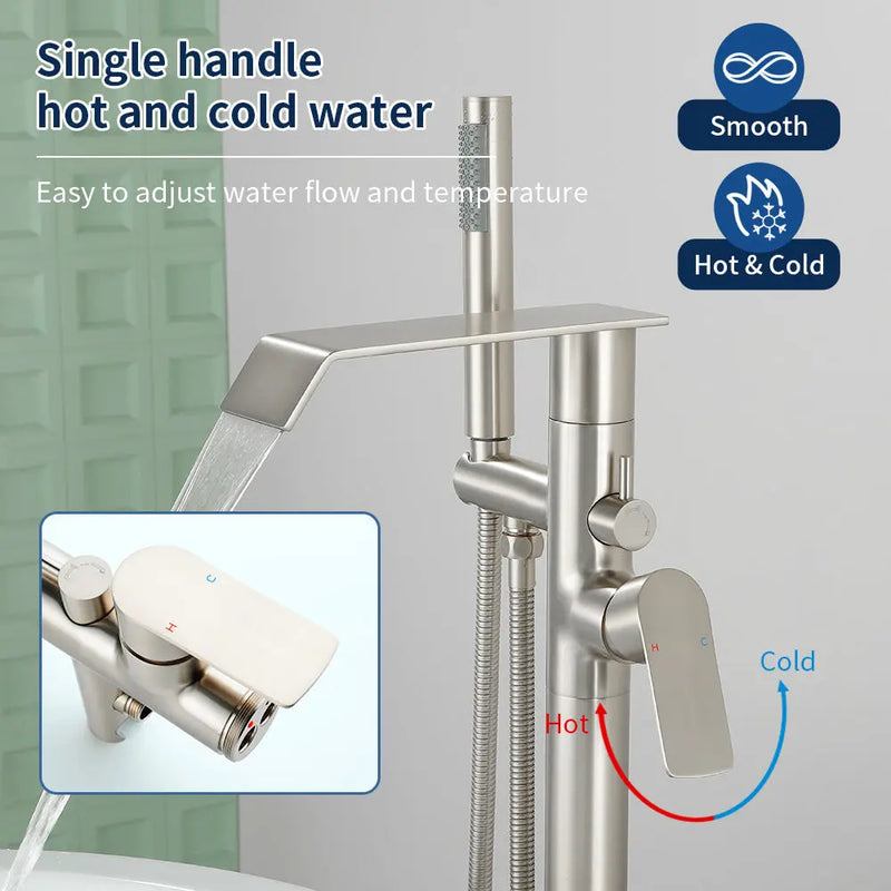 Freestanding Bath Tub Filler Trim Dual Functions 1 Handle 360° Swivel Waterfall Floor Mount Bathtub Faucet with Handheld Sprayer dual-functions-1-handle-freestanding-waterfall-bath-tub-filler-trim-with-sprayer 
