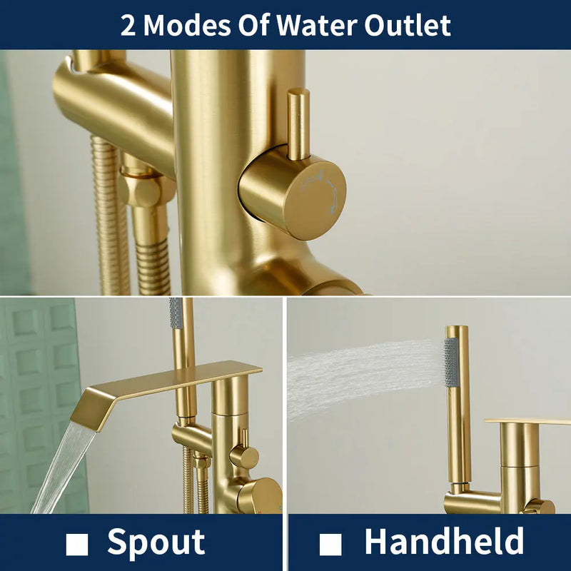 Freestanding Bath Tub Filler Trim Dual Functions 1 Handle 360° Swivel Waterfall Floor Mount Bathtub Faucet with Handheld Sprayer dual-functions-1-handle-freestanding-waterfall-bath-tub-filler-trim-with-sprayer 