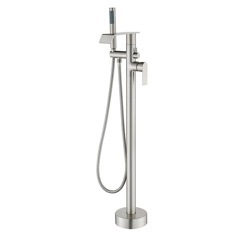 Freestanding Bath Tub Filler Trim Dual Functions 1 Handle 360° Swivel Waterfall Floor Mount Bathtub Faucet with Handheld Sprayer dual-functions-1-handle-freestanding-waterfall-bath-tub-filler-trim-with-sprayer Brushed Nickel / Brass & SUS304 / 31.9*12*3.7 inches