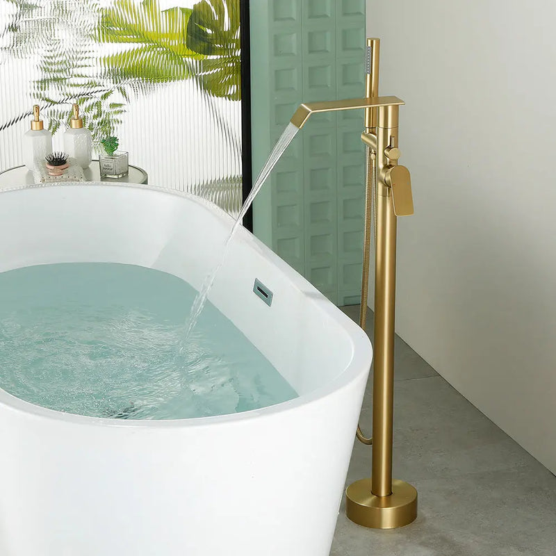 Freestanding Bath Tub Filler Trim Dual Functions 1 Handle 360° Swivel Waterfall Floor Mount Bathtub Faucet with Handheld Sprayer dual-functions-1-handle-freestanding-waterfall-bath-tub-filler-trim-with-sprayer 