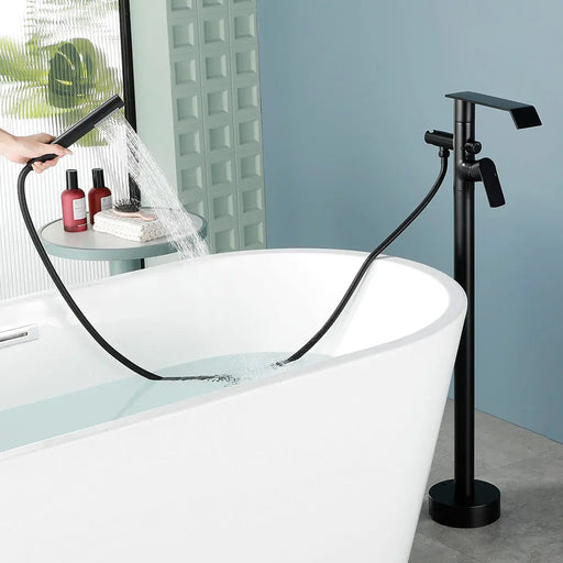 Freestanding Bath Tub Filler Trim Dual Functions 1 Handle 360° Swivel Waterfall Floor Mount Bathtub Faucet with Handheld Sprayer dual-functions-1-handle-freestanding-waterfall-bath-tub-filler-trim-with-sprayer 