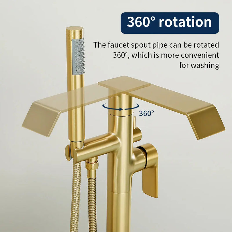 Freestanding Bath Tub Filler Trim Dual Functions 1 Handle 360° Swivel Waterfall Floor Mount Bathtub Faucet with Handheld Sprayer dual-functions-1-handle-freestanding-waterfall-bath-tub-filler-trim-with-sprayer 
