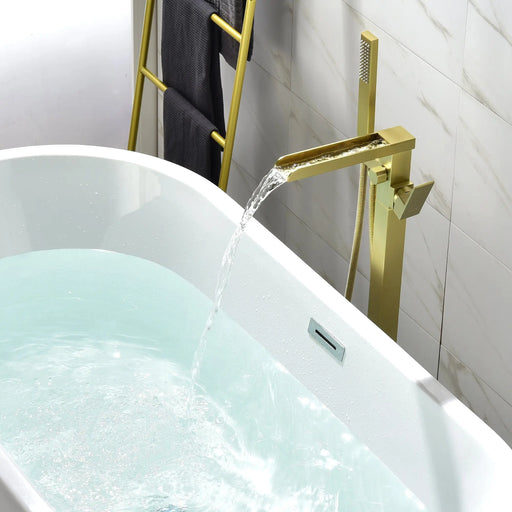 Freestanding Bathtub Faucet Single Handle Waterfall Tub Filler with Handheld Shower Brushed Gold shamanda-waterfall-tub-filler-brushed-gold 