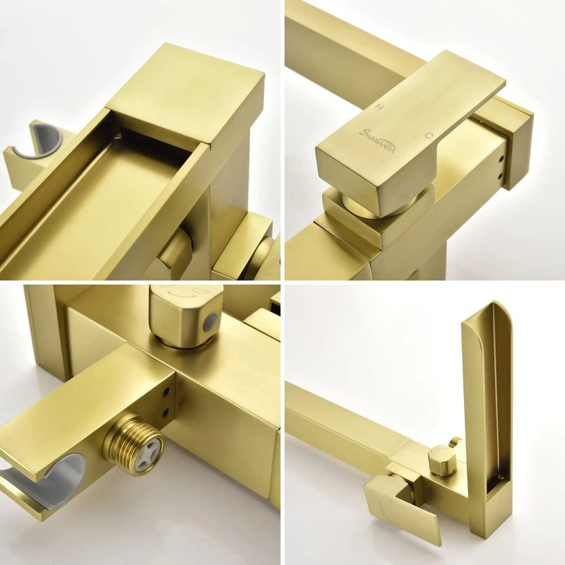 Freestanding Bathtub Faucet Single Handle Waterfall Tub Filler with Handheld Shower Brushed Gold shamanda-waterfall-tub-filler-brushed-gold 